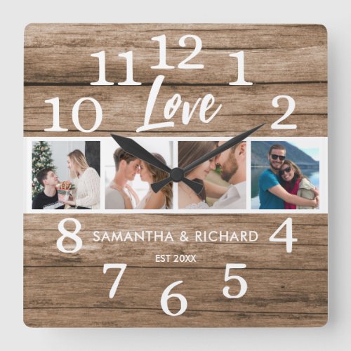 4 Photo Collage Anniversary Valentine Love Wood Square Wall Clock