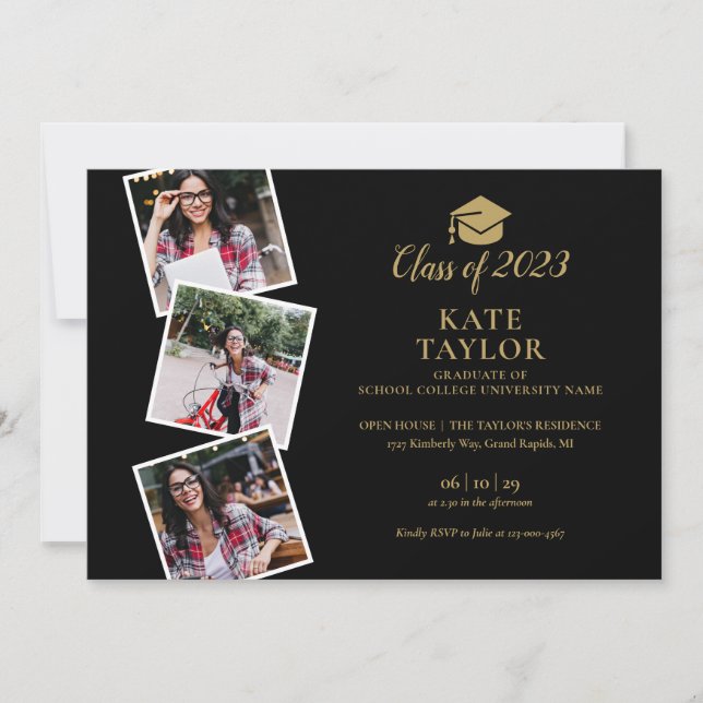 4 Photo Collage Black And Gold Graduation Party In Invitation (Front)