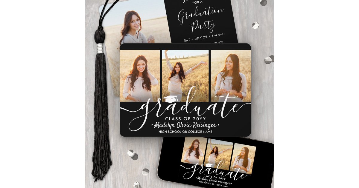 4 Photo Collage Black and White Graduation Party Invitation | Zazzle