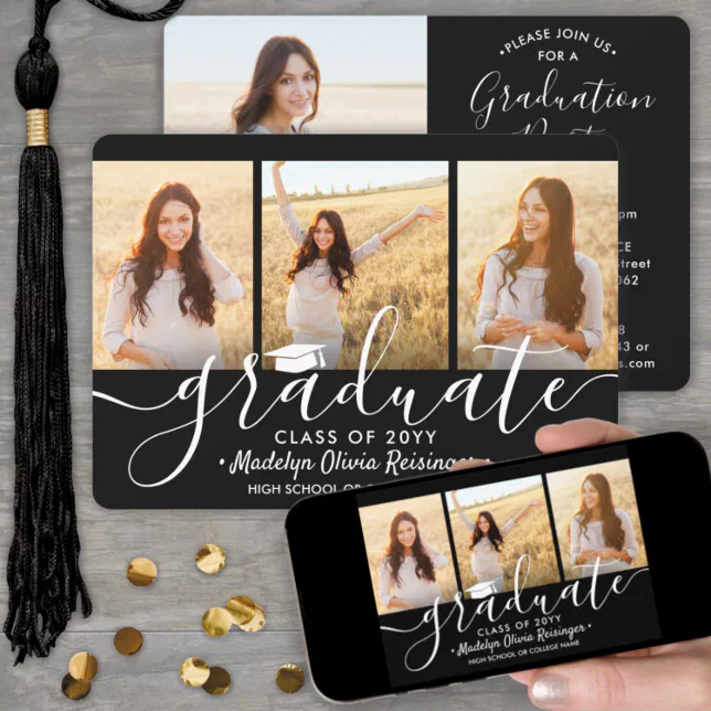 4 Photo Collage Black And White Graduation Party Invitation | Zazzle