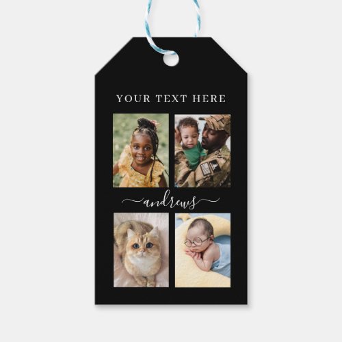 4 photo collage Black and White Monogrammed Gift Tags