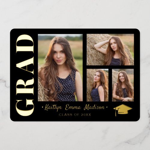 4 Photo Collage Black  Gold Foil Grad Card