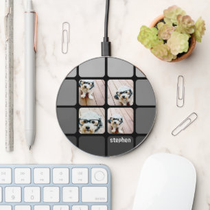 4 Photo Collage - Black Gray Rounded Squares Name Wireless Charger
