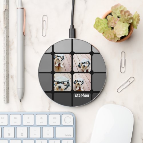 4 Photo Collage _ Black Gray Rounded Squares Name Wireless Charger