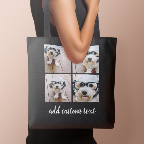 4 Photo Collage Black Grid and white modern script Tote Bag