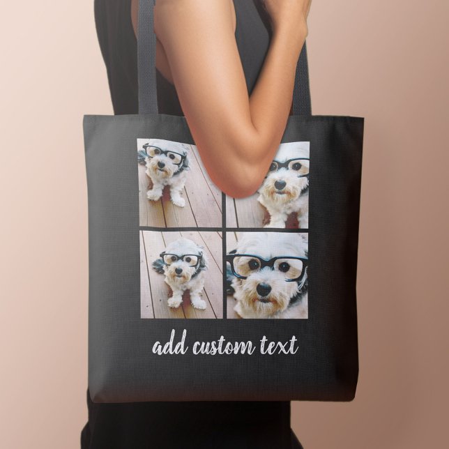 4 Photo Collage Black Grid and white modern script Tote Bag (Personalized tote bag with photo and text)