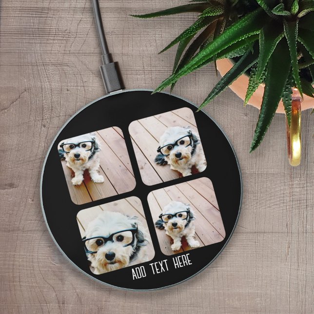 4 Photo Collage - Black Rounded Square Custom Text Wireless Charger (Creator Uploaded)