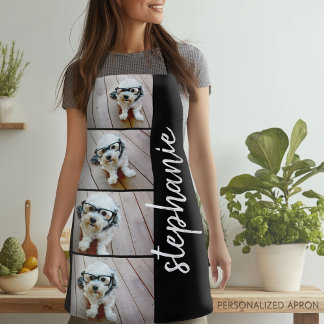 4 Photo Collage - black with white script name Apron