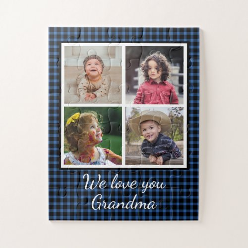 4 Photo Collage Blue Buffalo Plaid Grandma Jigsaw Puzzle