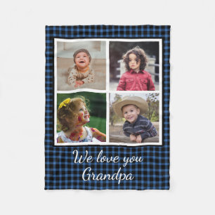 4 Photo Collage Blue Buffalo Plaid Grandpa Fleece Blanket