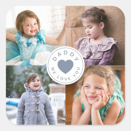 4 Photo Collage Blue Heart Fathers Day Square Sticker