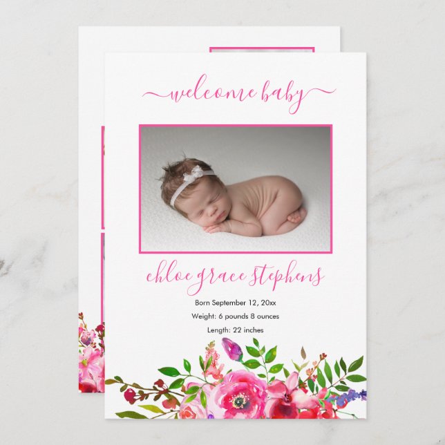 4 Photo Collage Boho Floral Girl Announcement (Front/Back)