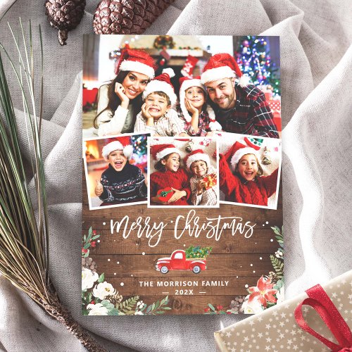4 Photo Collage Christmas Truck Rustic Wood Floral Holiday Card