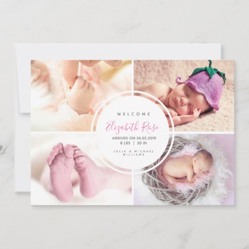 4 Photo Collage Circle Newborn Baby Girl Announcement