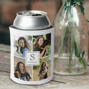 4 Photo Collage Custom Monogram Birthday Can Cooler