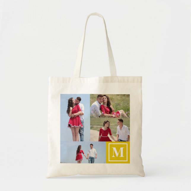 4 Photo Collage Custom Monogram Yellow Tote Bag (Front)