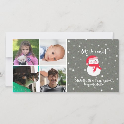 4 Photo Collage Custom Name Cute Snowman Christmas Holiday Card