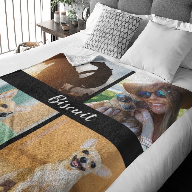 4 Photo Collage Dog Blanket with Black | (Capture precious pet moments with our Modern Pet Photo Collage Fleece Blanket. )