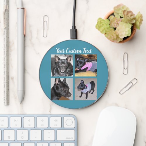 4 Photo Collage  Dog Blue Wireless Charger