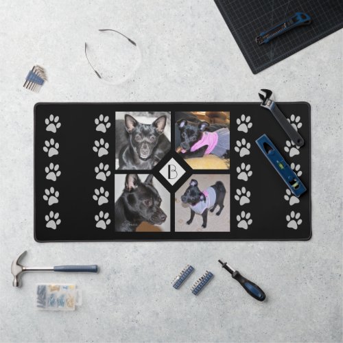 4 Photo Collage Dog Initial Black Desk Mat