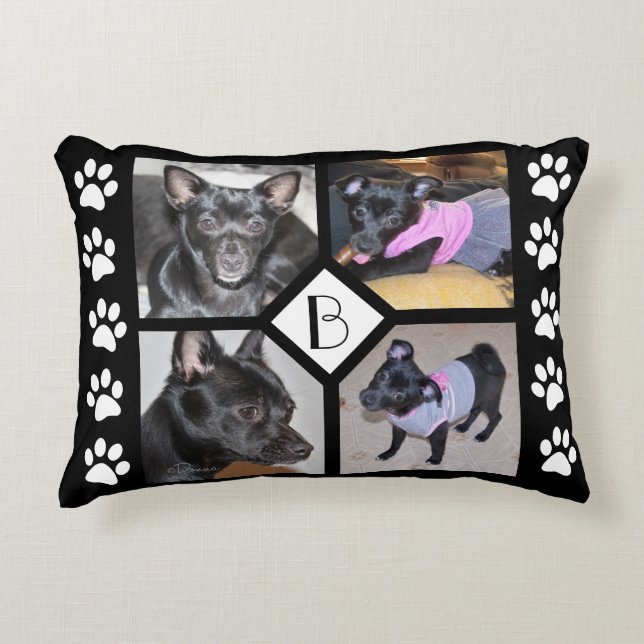 4 Photo Collage | Dog Initial  Black Pawprints Accent Pillow (Front)