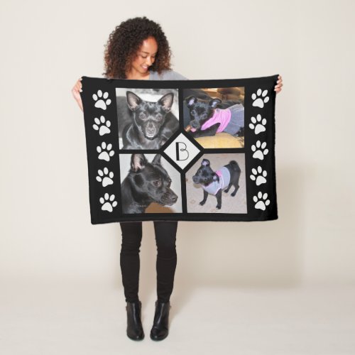 4 Photo Collage  Dog Initial  Black Pawprints Fleece Blanket