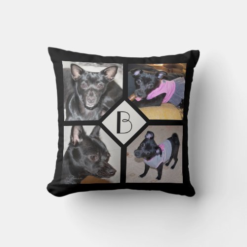 4 Photo Collage  Dog Initial  Black Throw Pillow