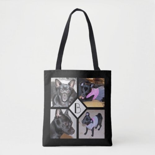4 Photo Collage  Dog Initial  Black Tote Bag