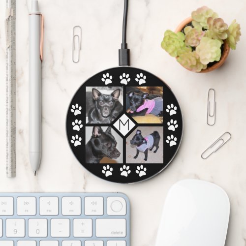 4 Photo Collage  Dog Initial Pawprints Black Wireless Charger