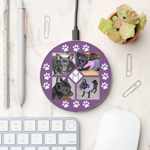 4 Photo Collage  Dog Initial Pawprints Purple Wireless Charger