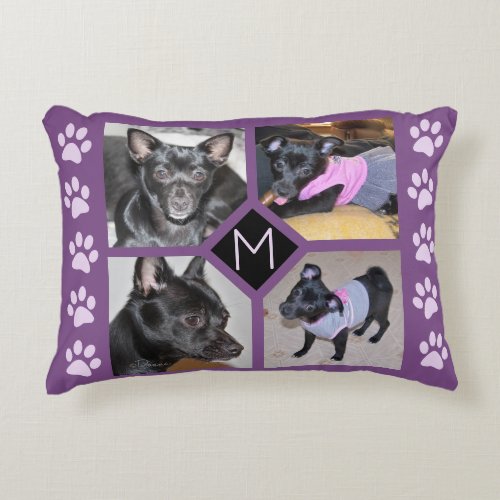4 Photo Collage  Dog Initial  Purple Pawprints Accent Pillow