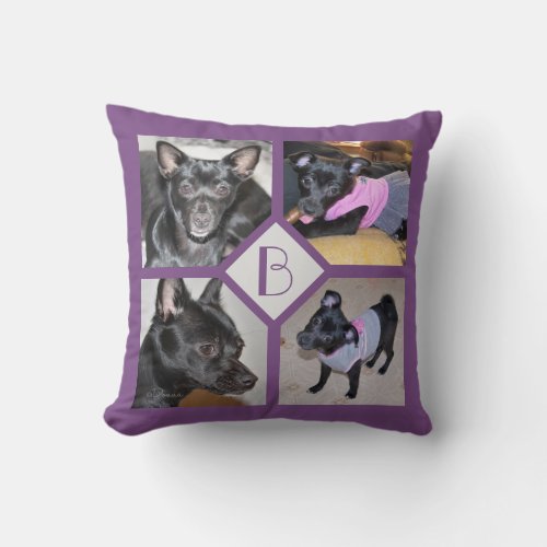 4 Photo Collage  Dog Initial  Purple Throw Pillow