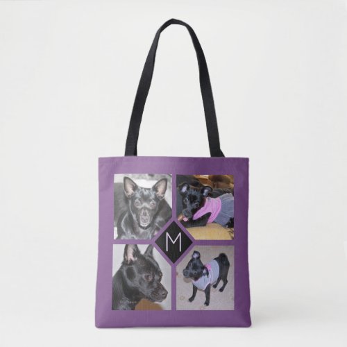 4 Photo Collage  Dog Initial  Purple Tote Bag