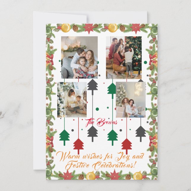 4 Photo Collage Family Christmas Card Green (Front)