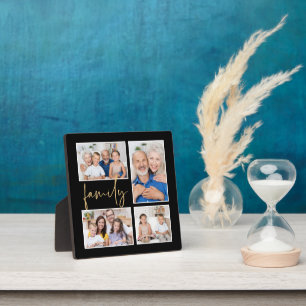 4 Photo Collage Family Gold Black Plaque