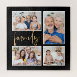 4 Photo Collage Family Gold Black Square Jigsaw Puzzle<br><div class="desc">Elegant 4 Photo Collage Family Gold Black Square. Easily replace the sample photos with your own. A stylish set script for Family is in gold to the left. The black background color can be changed to a different color if you so wish via the Click to Customize Further option, as...</div>