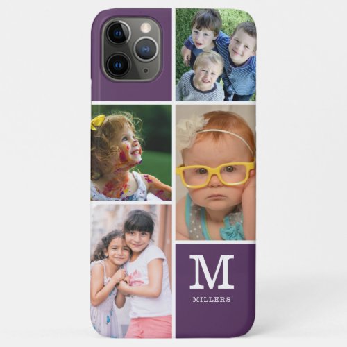 4 Photo Collage Family Monogram Name  Purple iPhone 11 Pro Max Case
