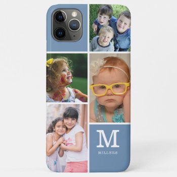 4 Photo Collage Family Monogram Name  Slate Blue Iphone 11 Pro Max Case by InitialsMonogram at Zazzle