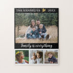4 Photo Collage Family Name Black And White Quote Jigsaw Puzzle<br><div class="desc">Custom photo collage puzzle to personalize with 4 photographs.Personalize with family name and year.The "Family is Everything" quote adds a unique touch to the photo jigsaw puzzle.The family photo collage jigsaw puzzle is perfect for solo or family time activity. Jigsaw puzzles help you relax and relieve your stress. The latest...</div>