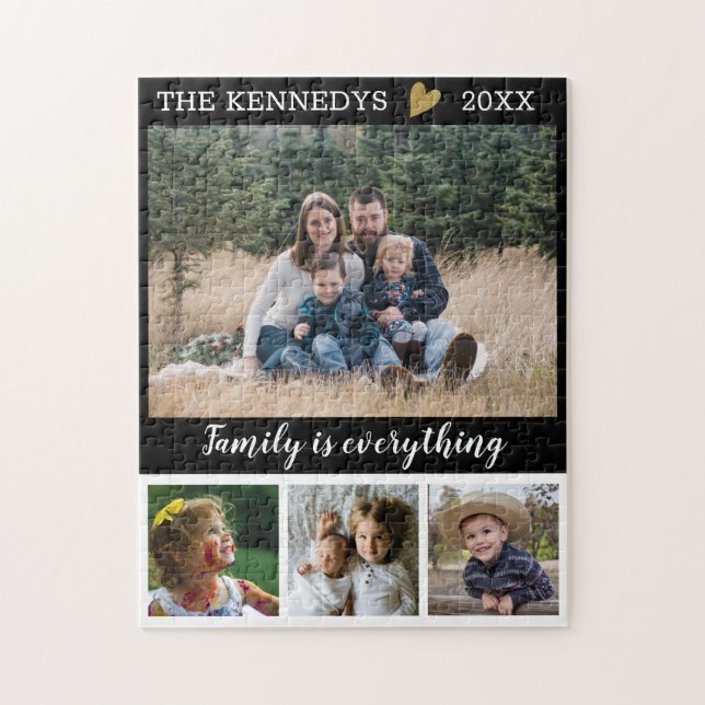 4 Photo Collage Family Name Black And White Quote Jigsaw Puzzle (Vertical)