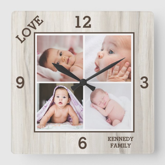 4 Photo Collage Family Name Love Natural Wood   Square Wall Clock (Front)