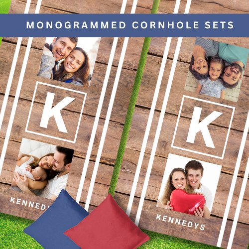 4 Photo Collage Family Name Monogram Wood Cornhole Set