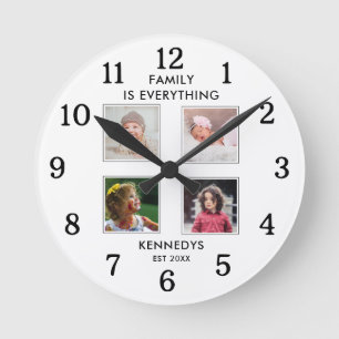 4 Photo Collage Family Name Quote Black And White  Round Clock