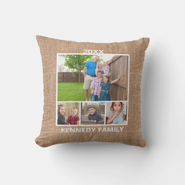  4 Photo Collage  Family Name Rustic Burlap Outdoor Pillow (Front)