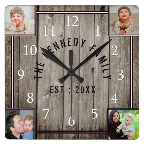 4 Photo Collage Family Name Rustic Farmhouse Square Wall Clock