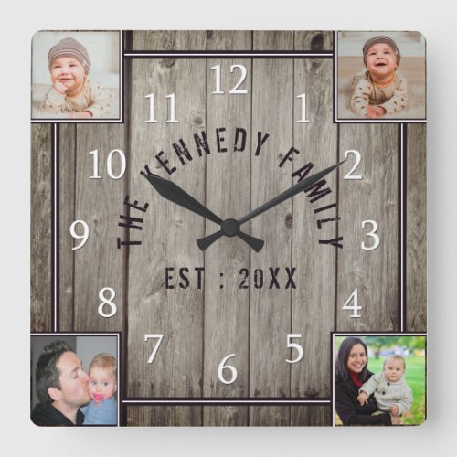 4 Photo Collage Family Name Rustic Farmhouse Square Wall Clock