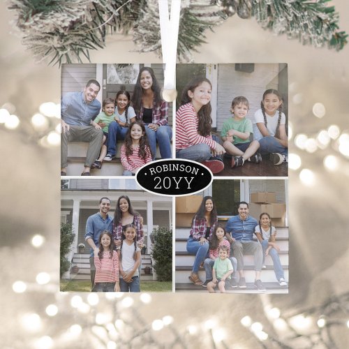 4 Photo Collage Family Name  Year Black  White Glass Ornament