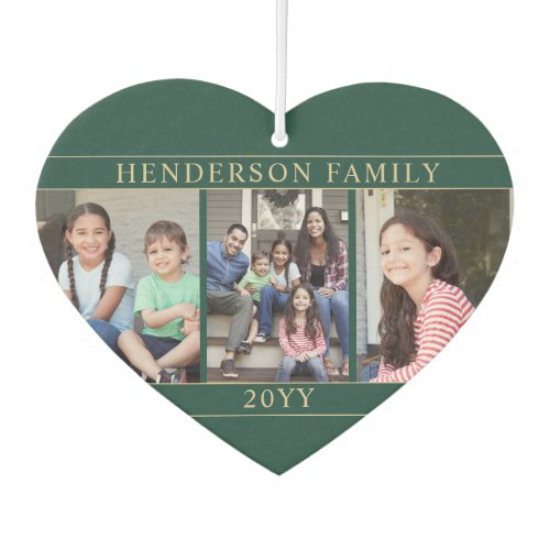4 Photo Collage Family Name & Year Green and Gold Air Freshener - Celebrate the simple joys of family and friends with a unique heart-shaped 4 photo collage car air freshener.  Pictures and text are simple to customize. (IMAGE PLACEMENT TIP:  An easy way to center a photo exactly how you want is to crop it before uploading to the Zazzle website.)  Design features a green and gold modern minimalist layout, elegant typography, and four pictures of your choice. Include any text such as name, year, or favorite motivational or inspirational quote. It's easy to make it yourself.  This template is set up for a family with kids, but can easily be personalized for a baby, wedding couple, best friends, grandparents, pets, etc. You can design your own stylish keepsake gift idea for a hard to buy for person. Makes a cool and cute addition to automobile interior decor.
