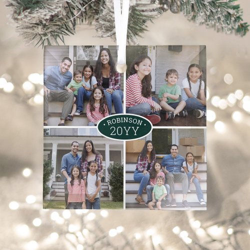 4 Photo Collage Family Name  Year Green  White Glass Ornament