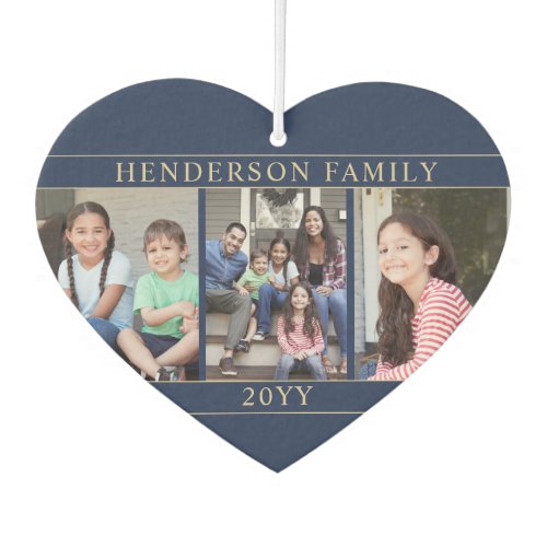 4 Photo Collage Family Name & Year Navy Blue Gold Air Freshener - Celebrate the simple joys of family and friends with a unique heart-shaped 4 photo collage car air freshener.  Pictures and text are simple to customize. (IMAGE PLACEMENT TIP:  An easy way to center a photo exactly how you want is to crop it before uploading to the Zazzle website.)  Design features a navy blue and gold modern minimalist layout, elegant typography, and four pictures of your choice. Include any text such as name, year, or favorite motivational or inspirational quote. It's easy to make it yourself.  This template is set up for a family with kids, but can easily be personalized for a baby, wedding couple, best friends, grandparents, pets, etc. You can design your own stylish keepsake gift idea for a hard to buy for person. Makes a cool and cute addition to automobile interior decor.
